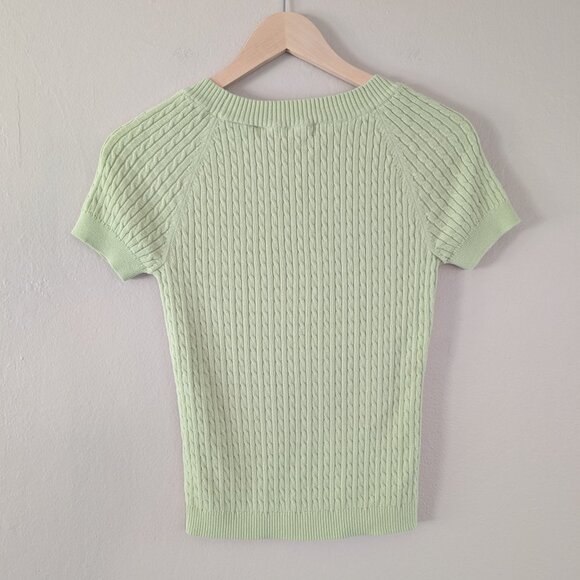 Jeanne Pierre Pistachio Green Short Sleeve Cable Knit Sweater Preppy Twee Size S - Picture 5 of 6